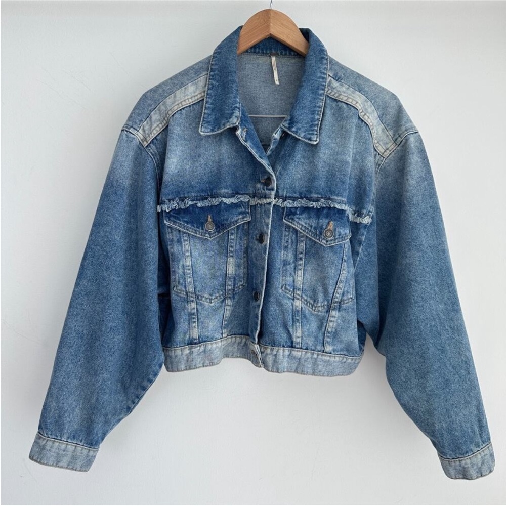 Free People Denim Jacket Womens Small Crop Festival Cowgirl Fringe Boho Gypsy